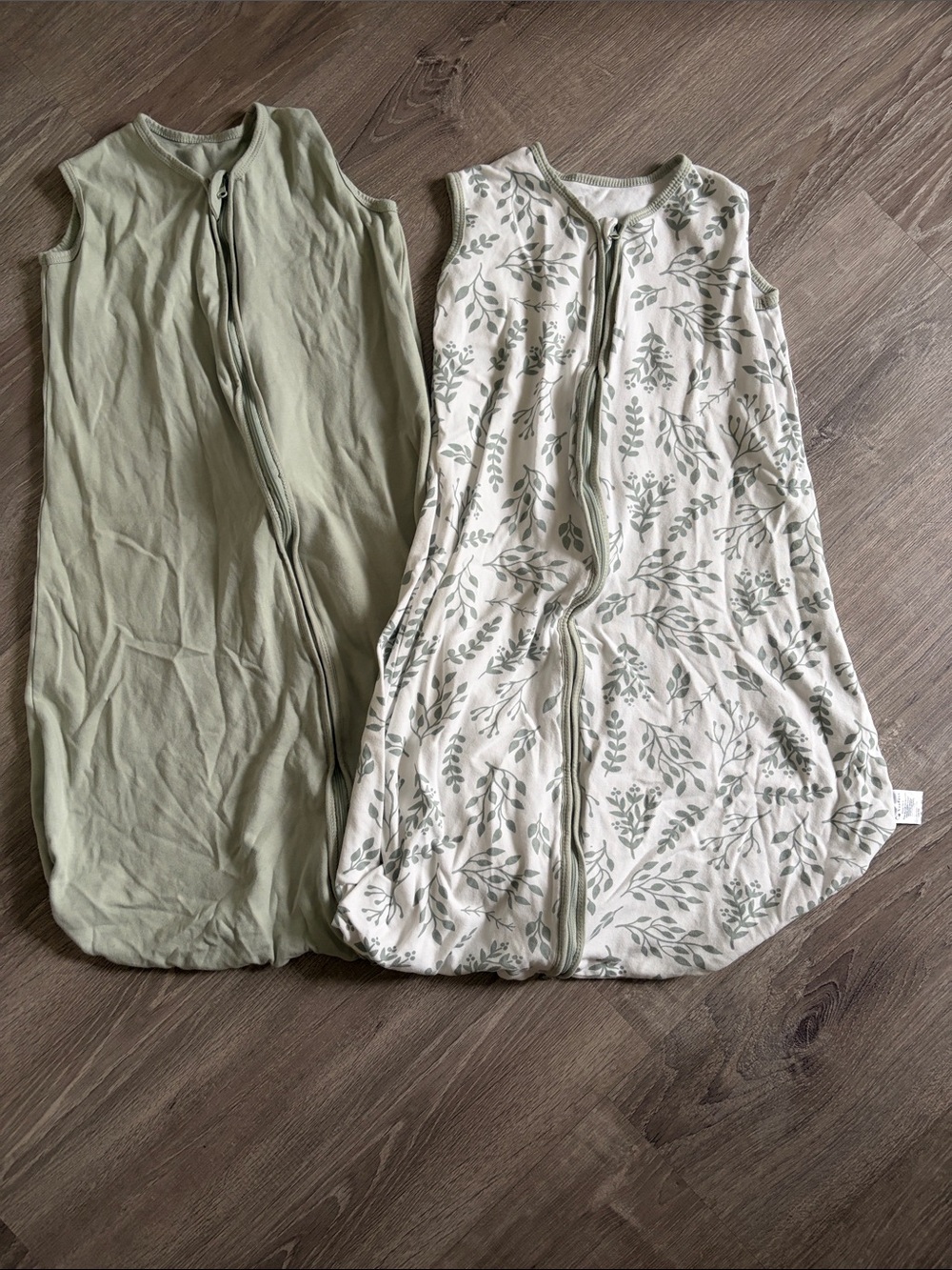 Two-Pack Baby Sleep Sacks in Sage and Leaf Print. Never used.